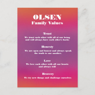 Family Name Values Poster Customisable & Editable Postcard