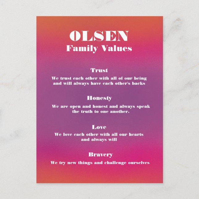 Family Name Values Poster Customisable & Editable Postcard (Front)