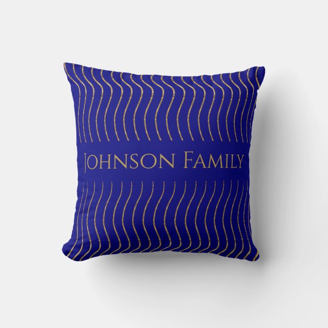 Family Name Wavy Lines Blue Gold Cushion (Front)
