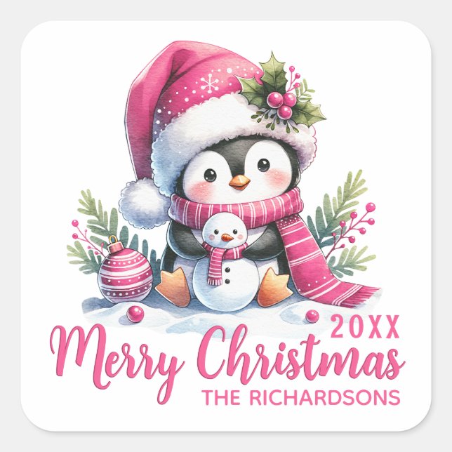 Family Name White Pink Fun Penguin Merry Christmas Square Sticker (Front)