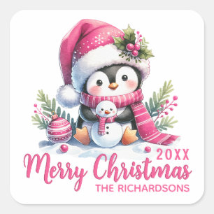 Family Name White Pink Fun Penguin Merry Christmas Square Sticker