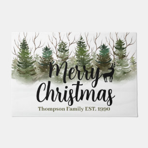 Family name white snow and pine tree cute reindeer doormat