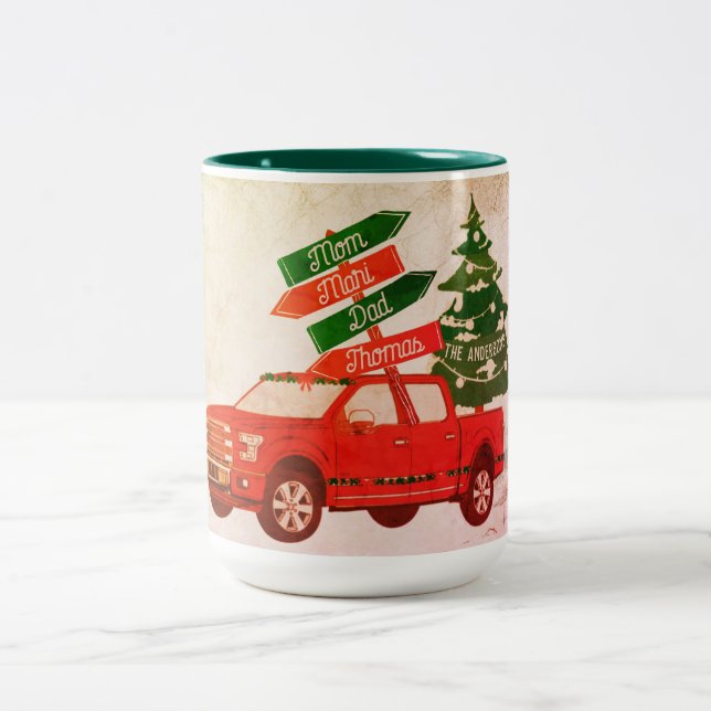 Family Name Winter Vintage Red Truck Christmas Mug (Center)