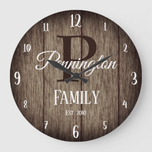 Family Name with Monogram Rustic Wood Texture Large Clock