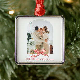 Family Name Year Red Bow Arch Photo Christmas Metal Tree Decoration