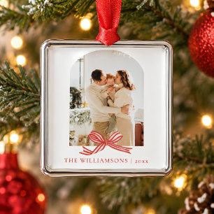 Family Name Year Red Bow Arch Photo Christmas Metal Tree Decoration
