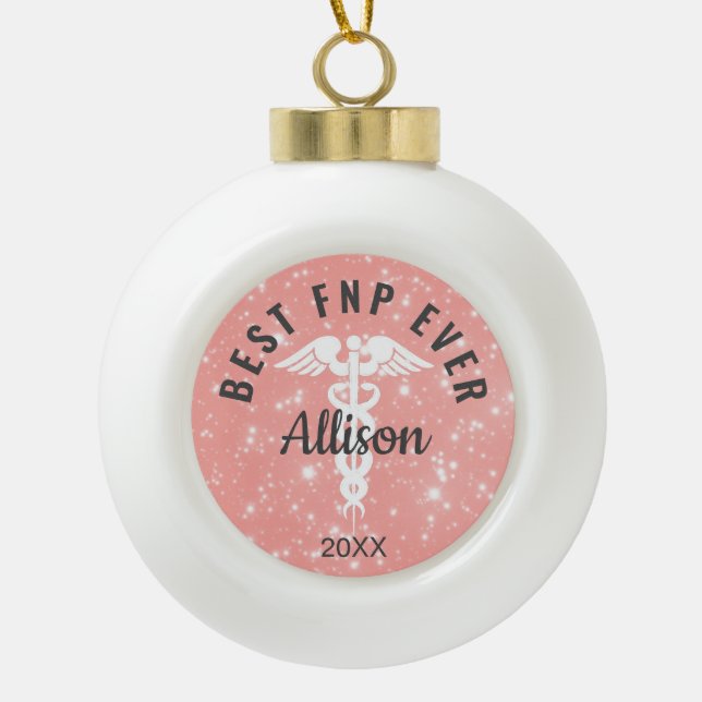 Family Nurse Practitioner Caduceus Pink Customized Ceramic Ball Christmas Ornament (Front)