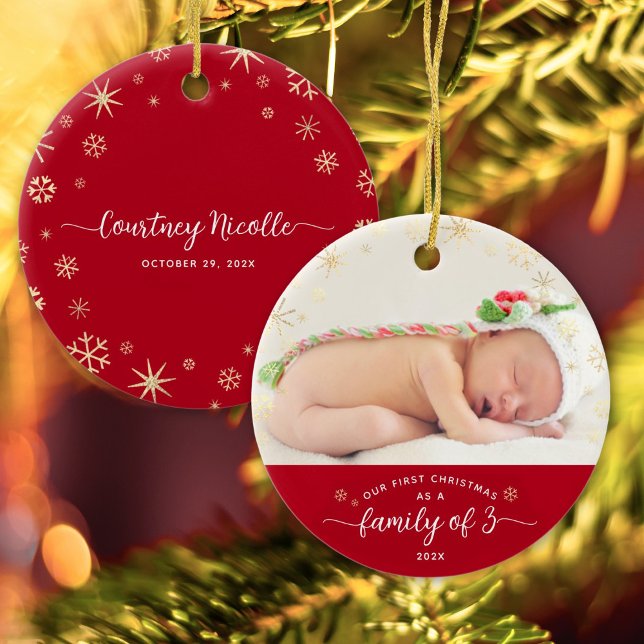 Family of 3 Baby First Christmas Snowflake Photo Ceramic Tree Decoration (Creator Uploaded)