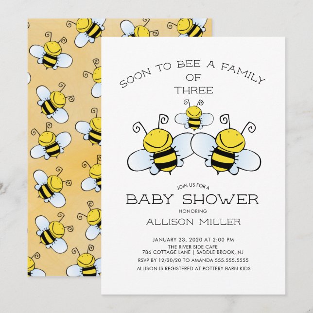 Family of 3 Bee Baby Shower Invitation (Front/Back)