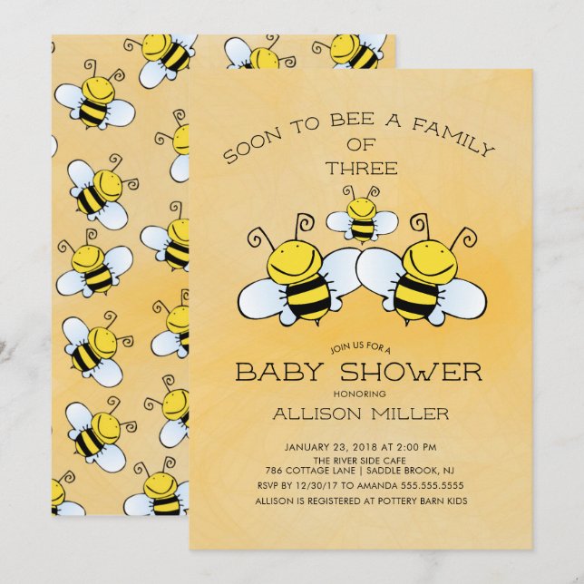Family of 3 Bee Baby Shower Invitation (Front/Back)