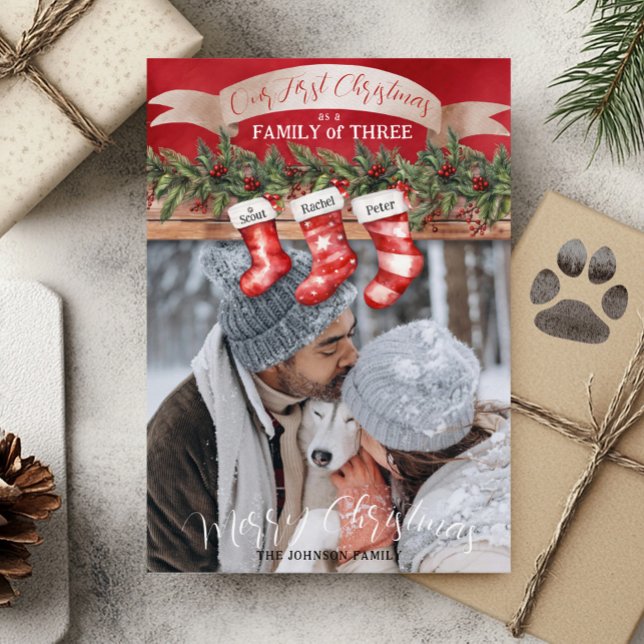 Family of 3 Christmas Stockings Photo Dog Mum Dad Holiday Card (Our First Christmas as a Family of Three Dog Pet Mom & Dad New Puppy Christmas Card stocking names)