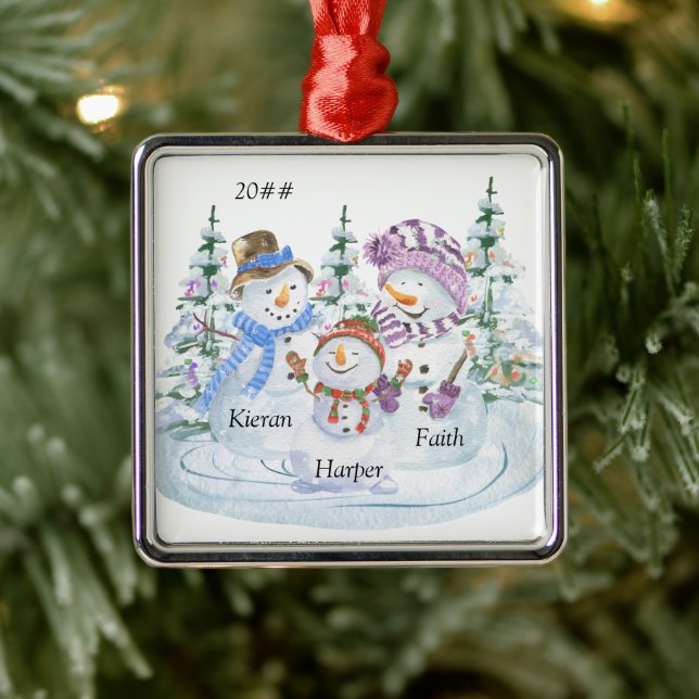 Family of 3 Cute Snowman Personalised Christmas Metal Tree Decoration (Tree)