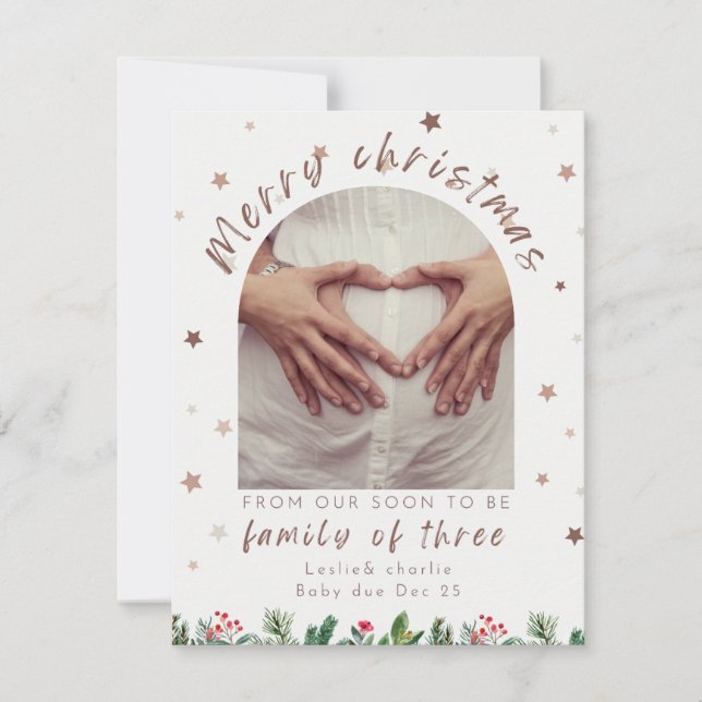 Family of 3 cute starrs pregnancy annoucement  holiday card (Front)