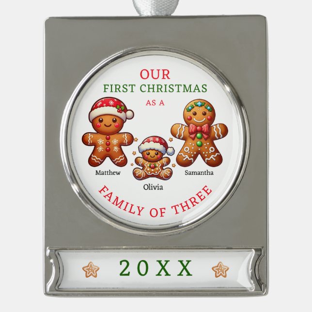 Family of 3 First Christmas Silver Plated Banner Ornament (Front)