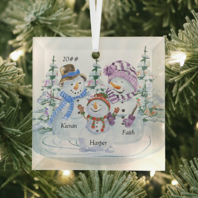 Family of 3 Names Cute Christmas Snowman Glass Tree Decoration (Insitu)