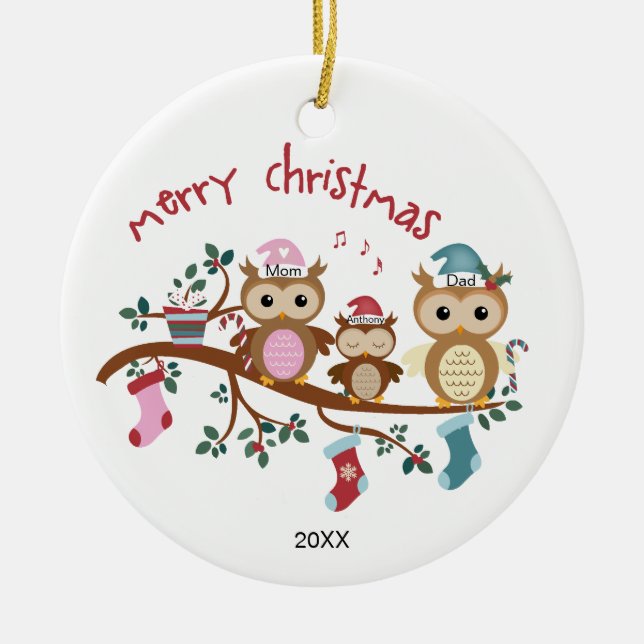 Family of 3 Owl Family Christmas Ceramic Tree Decoration (Front)