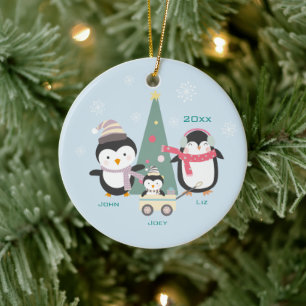 Family of 3 Penguins and Christmas Tree Ceramic Tree Decoration