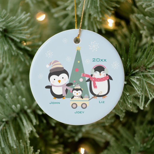 Family of 3 Penguins and Christmas Tree Ceramic Tree Decoration (Tree)