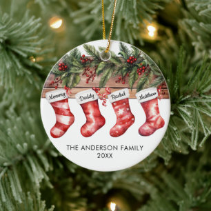 Family of 4 four Christmas stockings watercolor Ceramic Tree Decoration
