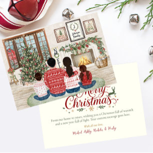 Family of 4 Girl & Boy , Fireside Family Christmas Holiday Card