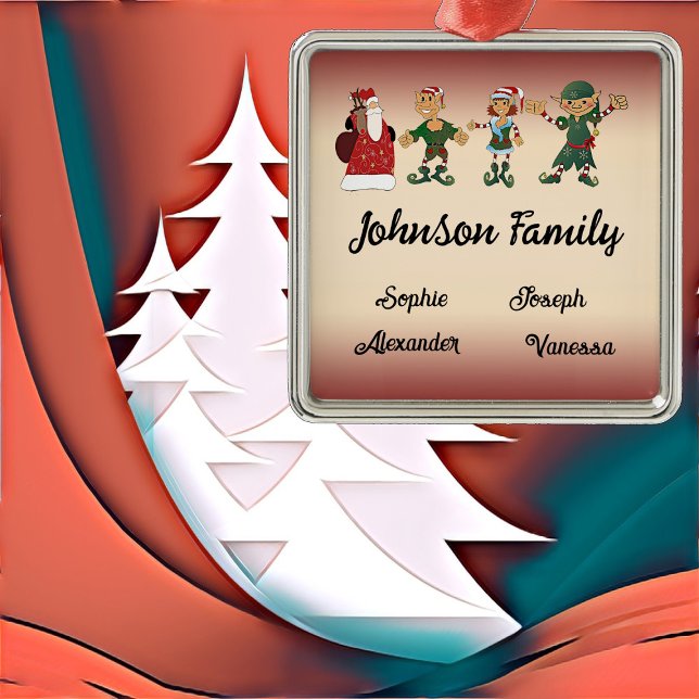 Family of 4 Members Christmas Magic Elves Santa  Metal Tree Decoration (Family of 4 Members Christmas Magic Elves Santa Metal Ornament)