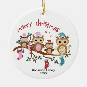 Family of 4 Owl Family Christmas Ceramic Tree Decoration
