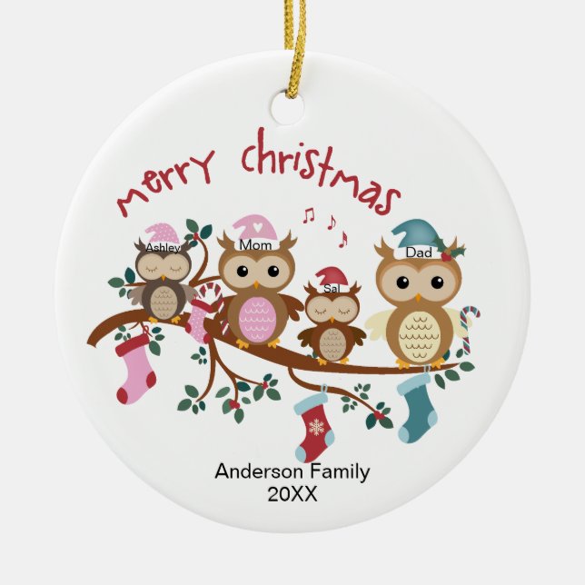 Family of 4 Owl Family Christmas Ceramic Tree Decoration (Front)