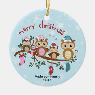 Family of 4 Owl Family Christmas Ceramic Tree Decoration