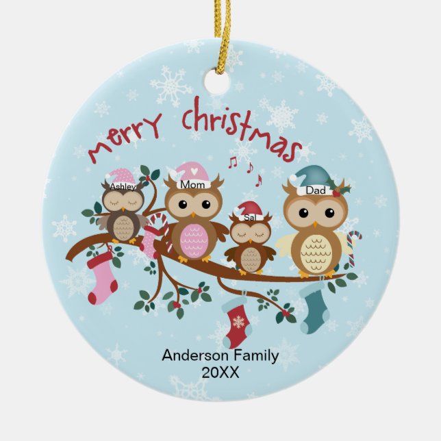 Family of 4 Owl Family Christmas Ceramic Tree Decoration (Front)