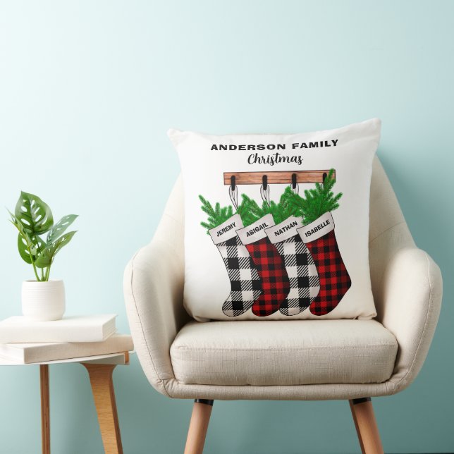 Family of 4 Personalised Plaid Christmas Stockings Cushion (Chair)