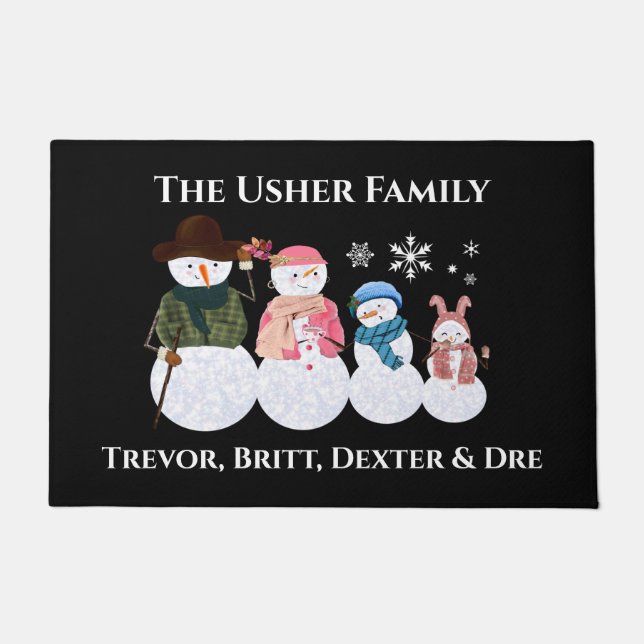 Family of 4 Snowmen Personalised Door Mat (Front)