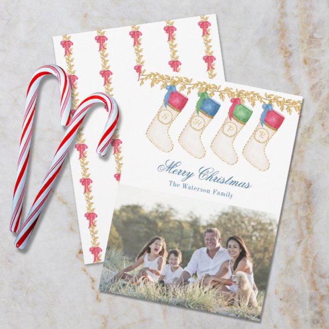 Family of 4 - Watercolor Monogram Stockings Photo Holiday Card (Creator Uploaded)