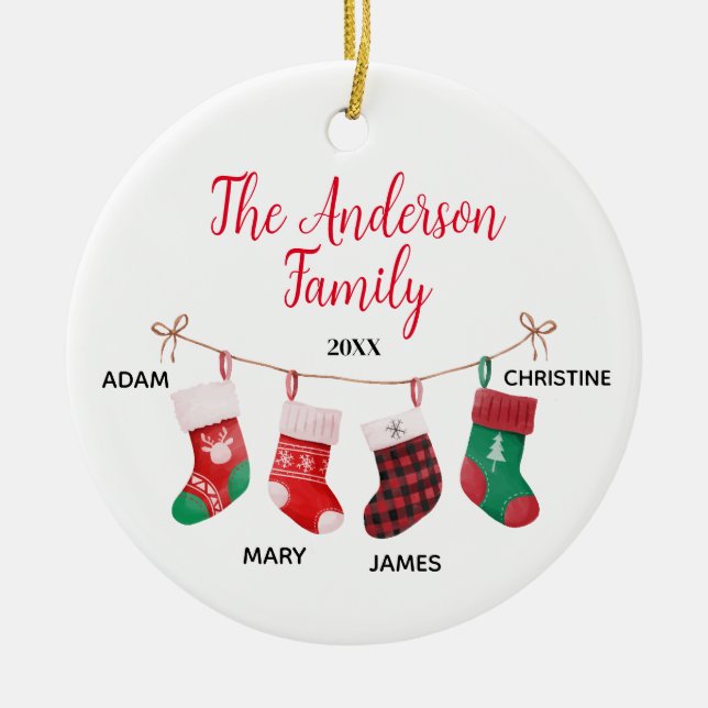 Family of 4 With Names Cute Socks  Ceramic Tree Decoration (Front)