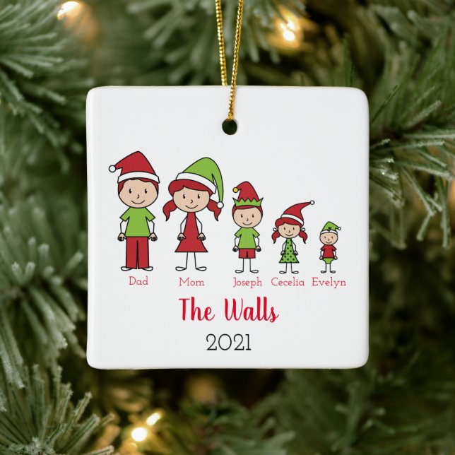 Family of 5 Cute Christmas Personalised Ceramic Ornament (Tree)