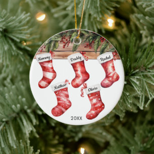 Family of 5 five Christmas stockings watercolor Ceramic Tree Decoration