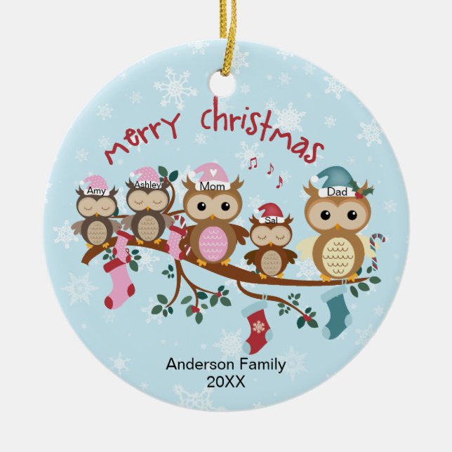 Family of 5 Owl Family Christmas Ceramic Tree Decoration (Front)