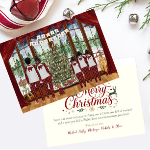 Family of 5 Three Girls, Cabin Christmas Morning Holiday Card