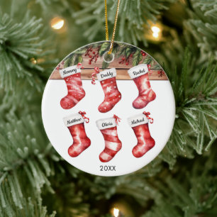 Family of 6 six Christmas stockings watercolor Ceramic Tree Decoration