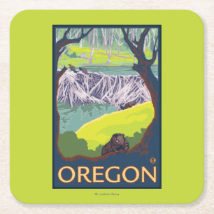 Family of Beavers Square Paper Coaster