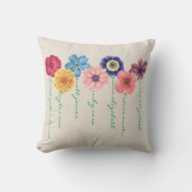Family of Flowers (7-names)  Throw Pillow (Front)