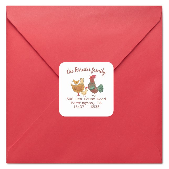 Family of Four Chickens Return Address Square Sticker (Creator Uploaded)