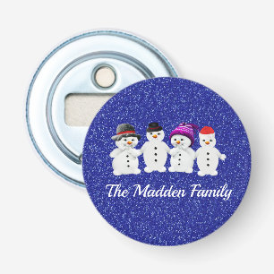 Family of Four Snowmen Blue Sparkle Winter   Bottle Opener