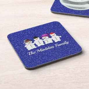 Family of Four Snowmen Blue Sparkle Winter Coaster
