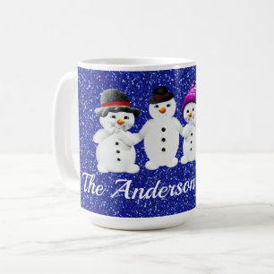Family of Four Snowmen Blue Sparkle Winter Coffee Mug