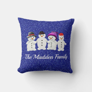Family of Four Snowmen Blue Sparkle Winter   Cushion