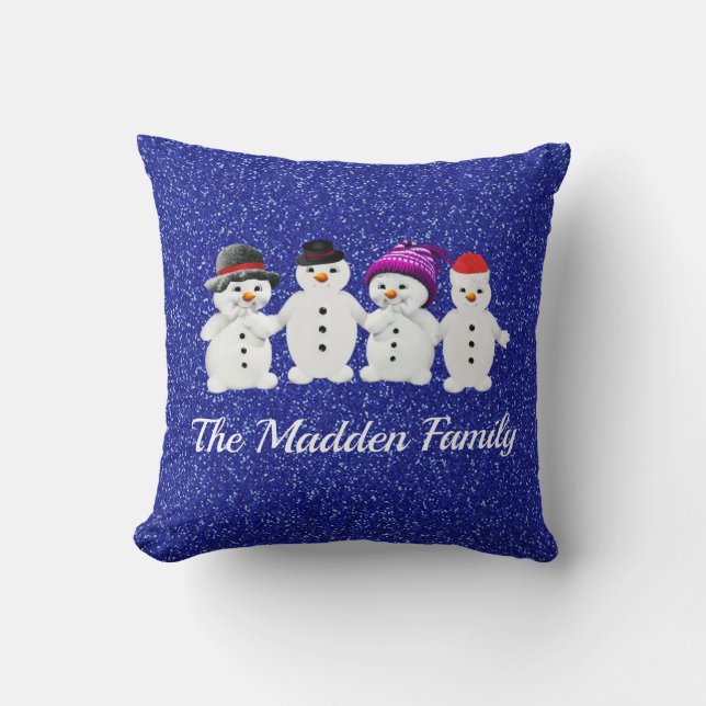 Family of Four Snowmen Blue Sparkle Winter   Cushion (Front)