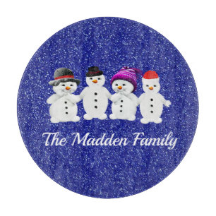 Family of Four Snowmen Blue Sparkle Winter Cutting Board