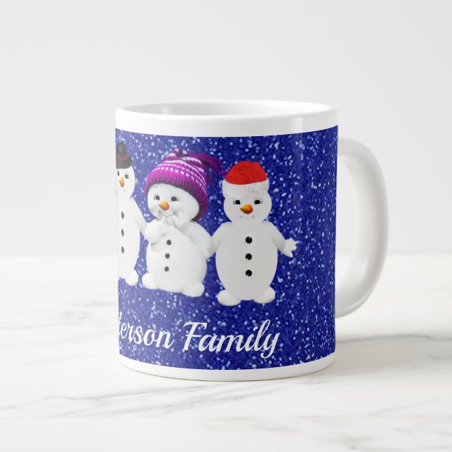 Family of Four Snowmen Blue Sparkle Winter    Large Coffee Mug (Front Right)