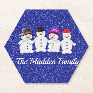 Family of Four Snowmen Blue Sparkle Winter Paper Coaster