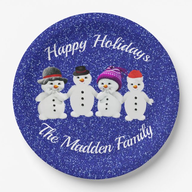 Family of Four Snowmen Blue Sparkle Winter   Paper Plate (Front)